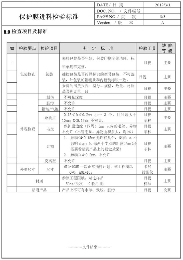 整卷保護膜進料檢驗規范3
